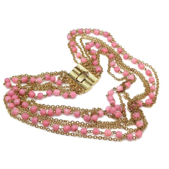 Vintage Pink Glass Multi Strand Necklace, Wide Gold Plated Clasp, 1950s - Picture 1 of 10
